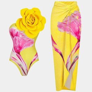 Glam Runway Evening Cocktail Flower Swimsuit Bikini Bodysuit Top Cover Dress New